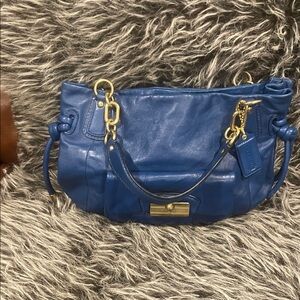 Stylish Blue Coach Kristin Leather Shoulder Bag with Gold Accents